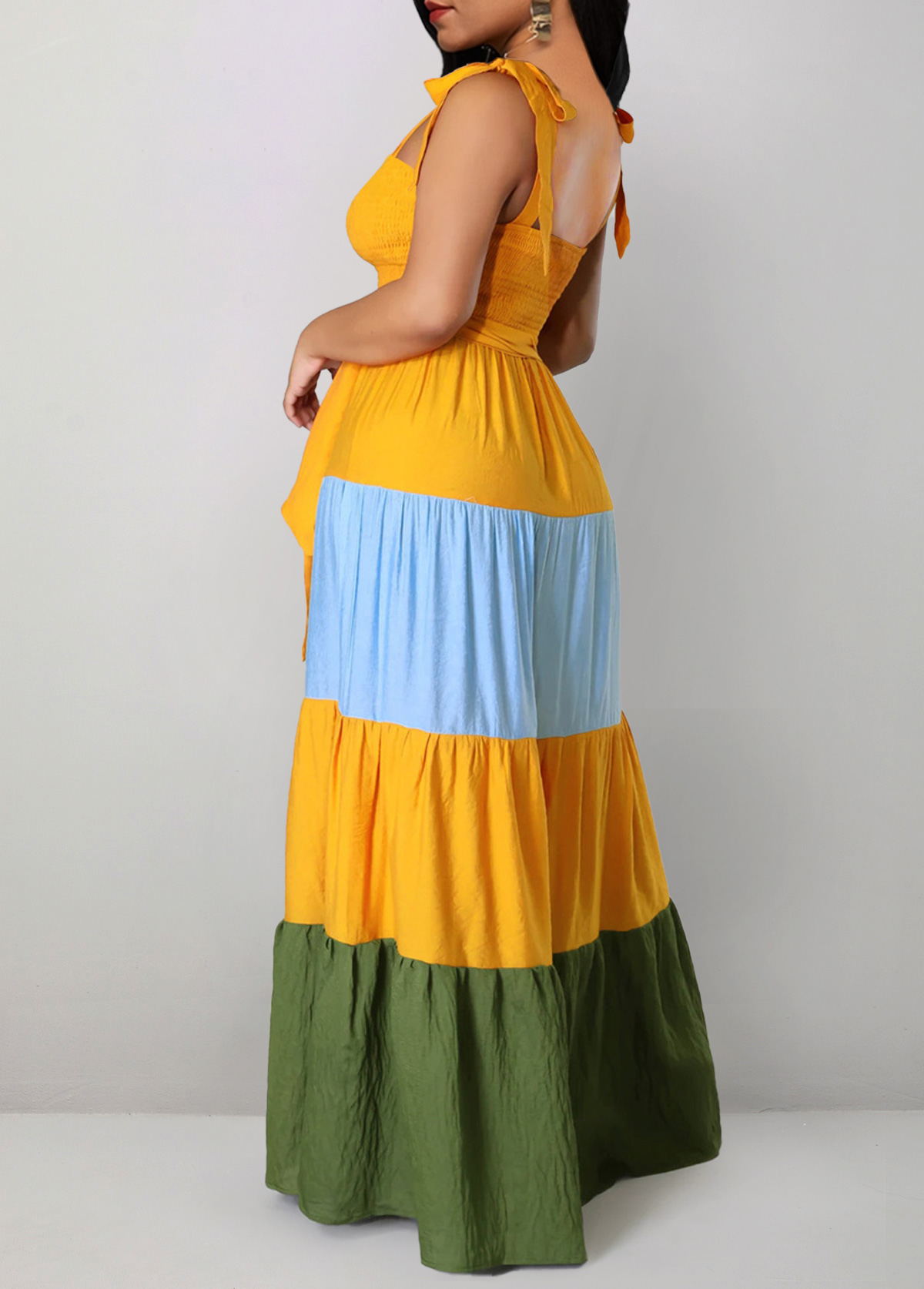 Yellow dresses,Contrast Color dresses,ROTITA Smocked Yellow Belted Square Neck Sleeveless Dress