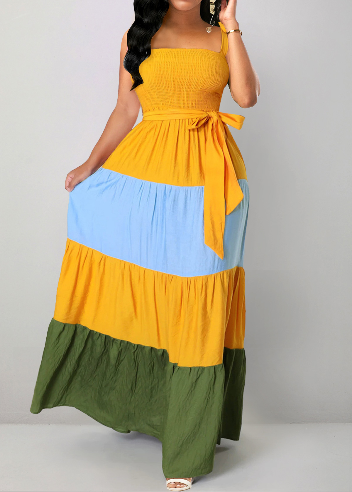 Yellow dresses,Contrast Color dresses,ROTITA Smocked Yellow Belted Square Neck Sleeveless Dress