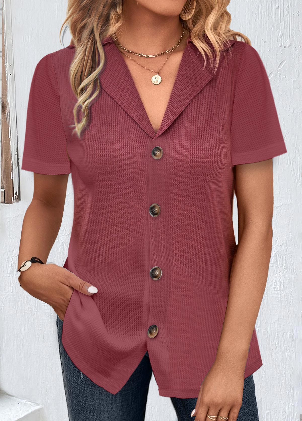 Dark Reddish Purple tops,Plain Color tops,ROTITA Button Dark Reddish Purple Lapel Short Sleeve Blouse