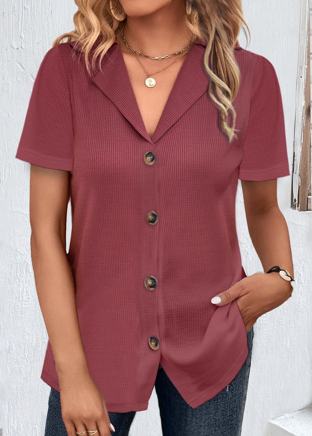 Dark Reddish Purple tops,Plain Color tops,ROTITA Button Dark Reddish Purple Lapel Short Sleeve Blouse