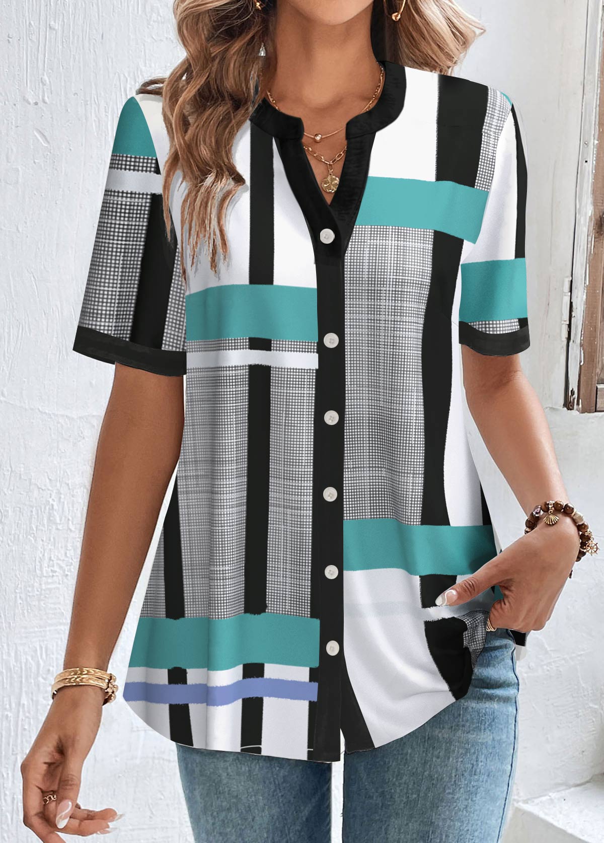 White tops,Black tops,Geometric tops,Striped tops,ROTITA Button Geometric Print White Split Neck Blouse