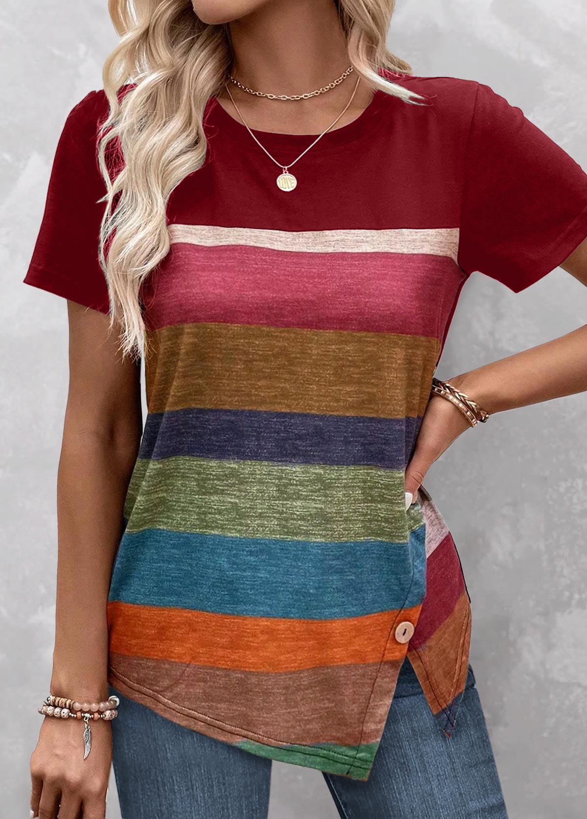 Red tops,Striped tops,Geometric tops,ROTITA Split Striped Red Round Neck T Shirt