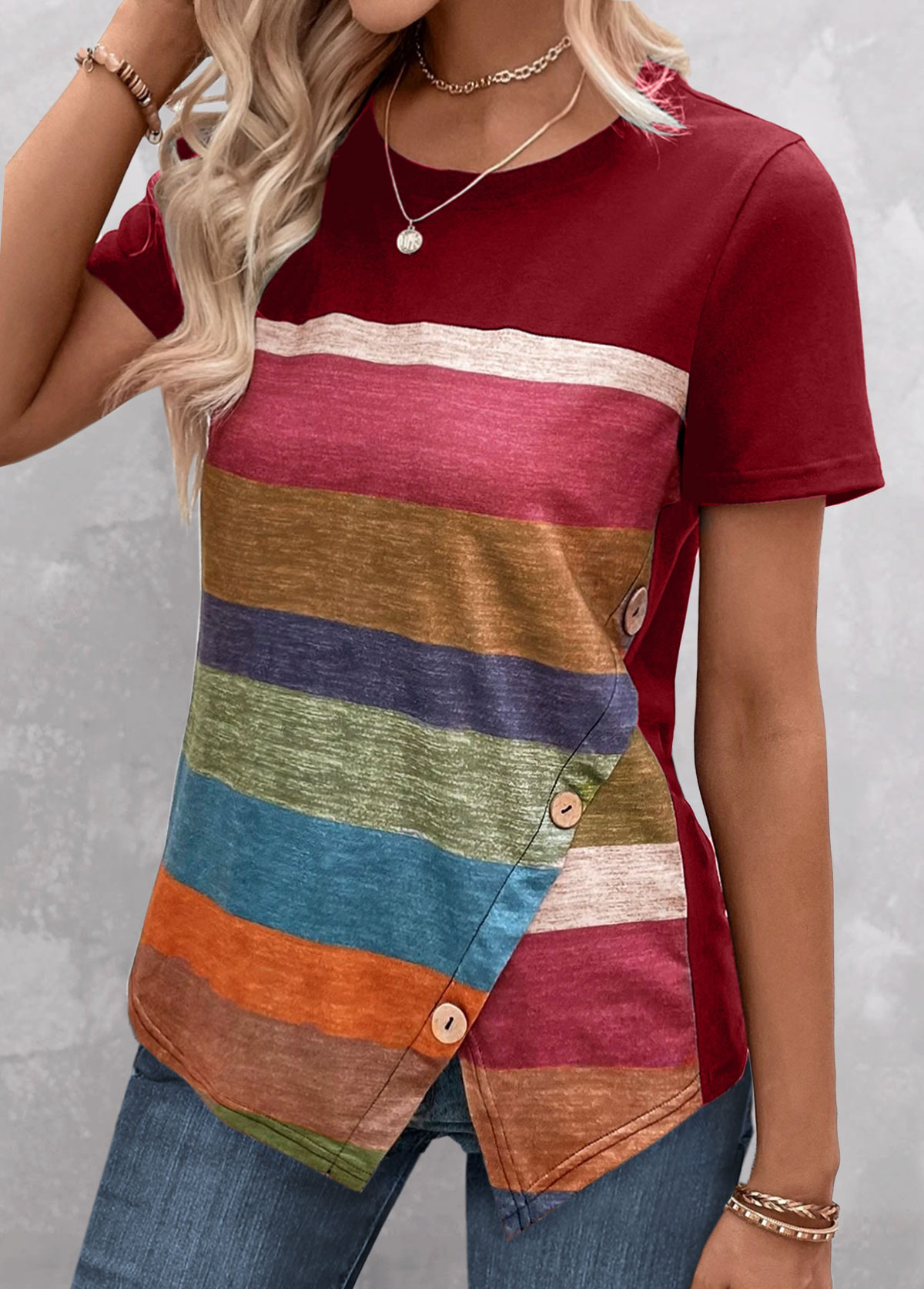 Red tops,Striped tops,Geometric tops,ROTITA Split Striped Red Round Neck T Shirt