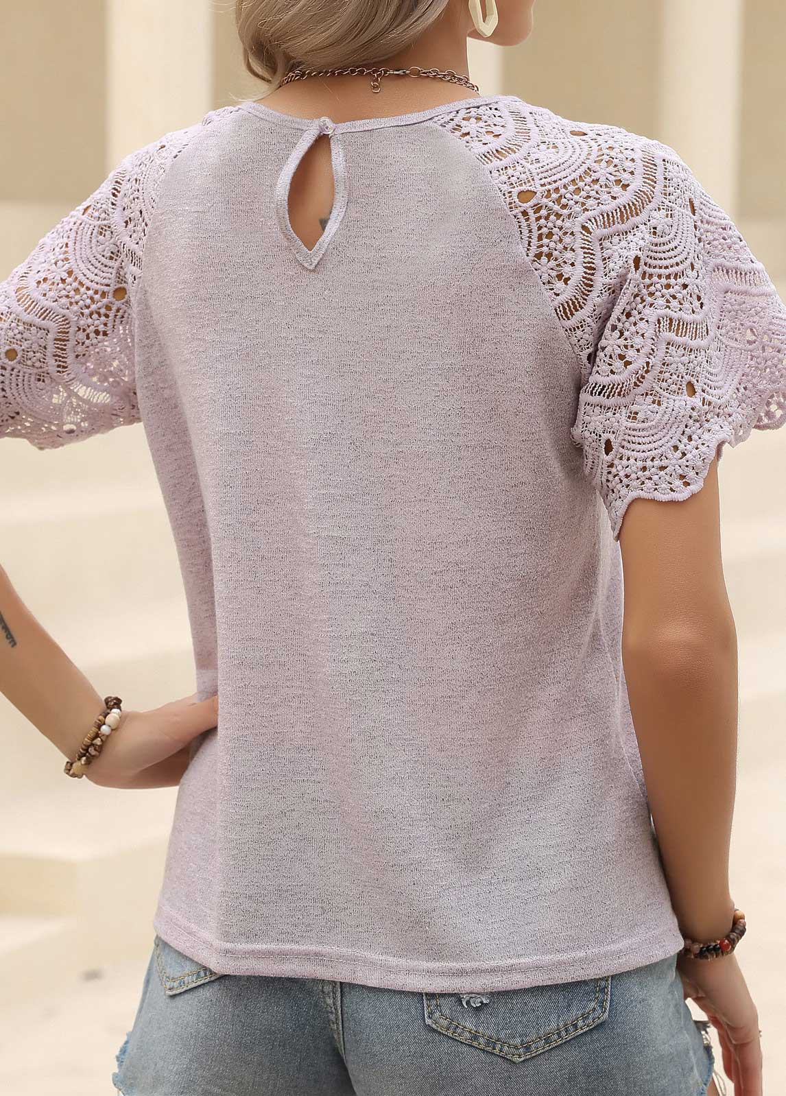 Light Purple tops,Plain Color tops,Patchwork Light Purple Round Neck T Shirt