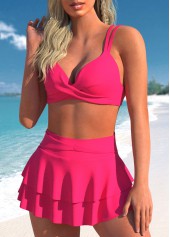 Hot Pink swimwear,Plain Color swimwear,ROTITA Spaghetti Strap High Waisted Ruffle Hem Bikini Set