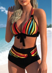 Black swimwear,Striped swimwear,ROTITA Bowknot Rainbow Color Halter Bikini Set