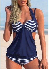 ROTITA Halter Striped Navy Blue Tankini Set