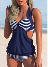 Navy swimwear,Striped swimwear,ROTITA Halter Striped Navy Blue Tankini Set