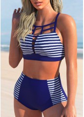 Striped swimwear,ROTITA Stripe Print Cross Strap Navy Blue Bikini Set