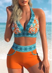 Rotita orangefarbene Badeshorts mit Stammesmuster und hoher Taille