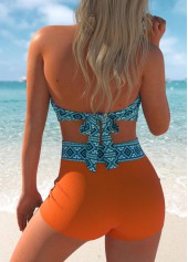 Orange swimwear,Turquoise swimwear,Tribal swimwear,Geometric swimwear,ROTITA Orange Tribal Print High Waisted Swim Shorts