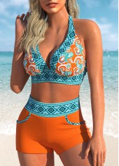 Orange swimwear,Turquoise swimwear,Tribal swimwear,Geometric swimwear,ROTITA Orange Tribal Print High Waisted Swim Shorts
