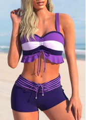 Drawstring Purple Ruffle Striped Bikini Set