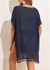 Navy swimwear,Plain Color swimwear,Tassel Split Patchwork Navy Cover Up