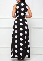 Black dresses,White dresses,Dot dresses,Geometric dresses,ROTITA Button Polka Dot Black Lapel Sleeveless Maxi Dress