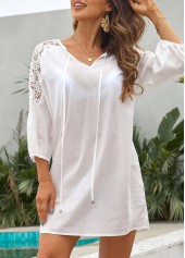 White swimwear,Plain Color swimwear,Patchwork Lace Tie White Cover Up