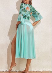 Mint Green swimwear,Plants swimwear,Floral swimwear,Ruffle Mint Green Leaf Print Cover Up