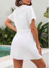 White swimwear,Plain Color swimwear,Drawstring Short Sleeve White Cover Up
