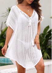 White swimwear,Plain Color swimwear,Tassel Tie Front White Cover Up