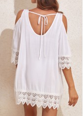 White swimwear,Plain Color swimwear,Lace Patchwork Tie Back White Cover Up