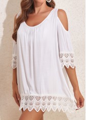 White swimwear,Plain Color swimwear,Lace Patchwork Tie Back White Cover Up