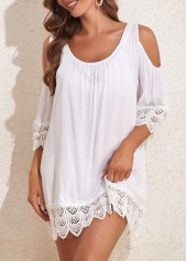 Lace Patchwork Tie Back White Cover Up