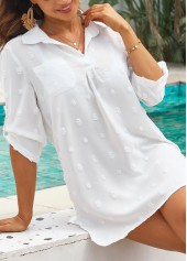 White swimwear,Plain Color swimwear,Pocket Shirt Collar White Cover Up