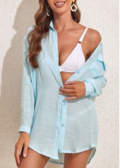 Light Blue swimwear,Plain Color swimwear,Button Pocket Light Blue Cover Up