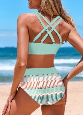 Mint Green swimwear,Geometric swimwear,Striped swimwear,ROTITA Criss Cross Mint Green Geometric Print Bikini Top