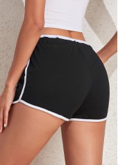 Black bottoms,Plain Color bottoms,Contrast Binding Black Regular Drawastring High Waisted Shorts