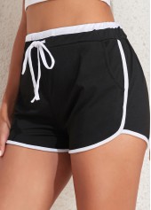 Black bottoms,Plain Color bottoms,Contrast Binding Black Regular Drawastring High Waisted Shorts
