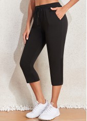 Black bottoms,Plain Color bottoms,Pocket Black Regular Drawastring High Waisted Pants