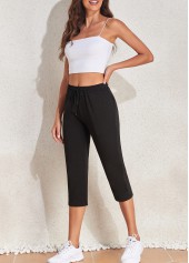 Black bottoms,Plain Color bottoms,Pocket Black Regular Drawastring High Waisted Pants