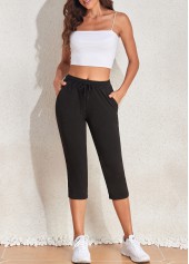 Black bottoms,Plain Color bottoms,Pocket Black Regular Drawastring High Waisted Pants