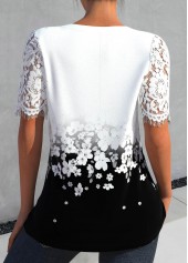 White tops,Black tops,Floral tops,Ombre tops,ROTITA Lace Floral Print White Split Neck Short Sleeve Blouse