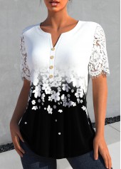 White tops,Black tops,Floral tops,Ombre tops,ROTITA Lace Floral Print White Split Neck Short Sleeve Blouse