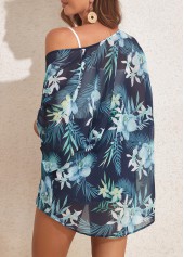 Blue swimwear,Plants swimwear,Floral swimwear,Lightweight Blue Plants Print Cover Up