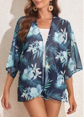 Blue swimwear,Plants swimwear,Floral swimwear,Lightweight Blue Plants Print Cover Up