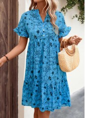 Neon Blue dresses,Floral dresses,Everyday dresses,Casual dresses,Frill Button Detail Floral Print Neon Blue Dress