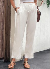 White bottoms,Plain Color bottoms,Pocket White Drawastring High Waisted Pants