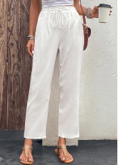 White bottoms,Plain Color bottoms,Pocket White Drawastring High Waisted Pants
