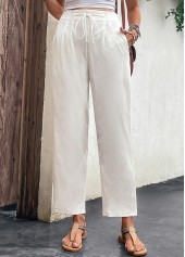 White bottoms,Plain Color bottoms,Pocket White Drawastring High Waisted Pants