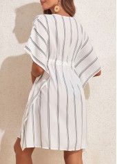 White swimwear,Striped swimwear,Geometric swimwear,Drawstring Flowy White Striped Cover Up