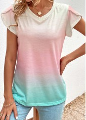 Light Pink tops,Ombre tops,Ombre Light Pink V Neck T Shirt