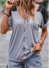 Grey tops,Contrast Color tops,Patchwork Grey V Neck Short Sleeve T Shirt