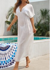 White swimwear,Plain Color swimwear,Split V Neck White Cover Up