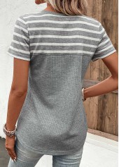 Grey tops,Striped tops,Geometric tops,ROTITA Button Striped Grey V Neck T Shirt