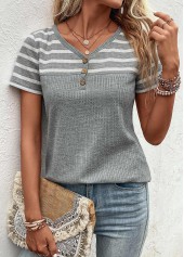 Grey tops,Striped tops,Geometric tops,ROTITA Button Striped Grey V Neck T Shirt