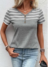 Grey tops,Striped tops,Geometric tops,ROTITA Button Striped Grey V Neck T Shirt