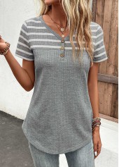 Grey tops,Striped tops,Geometric tops,ROTITA Button Striped Grey V Neck T Shirt